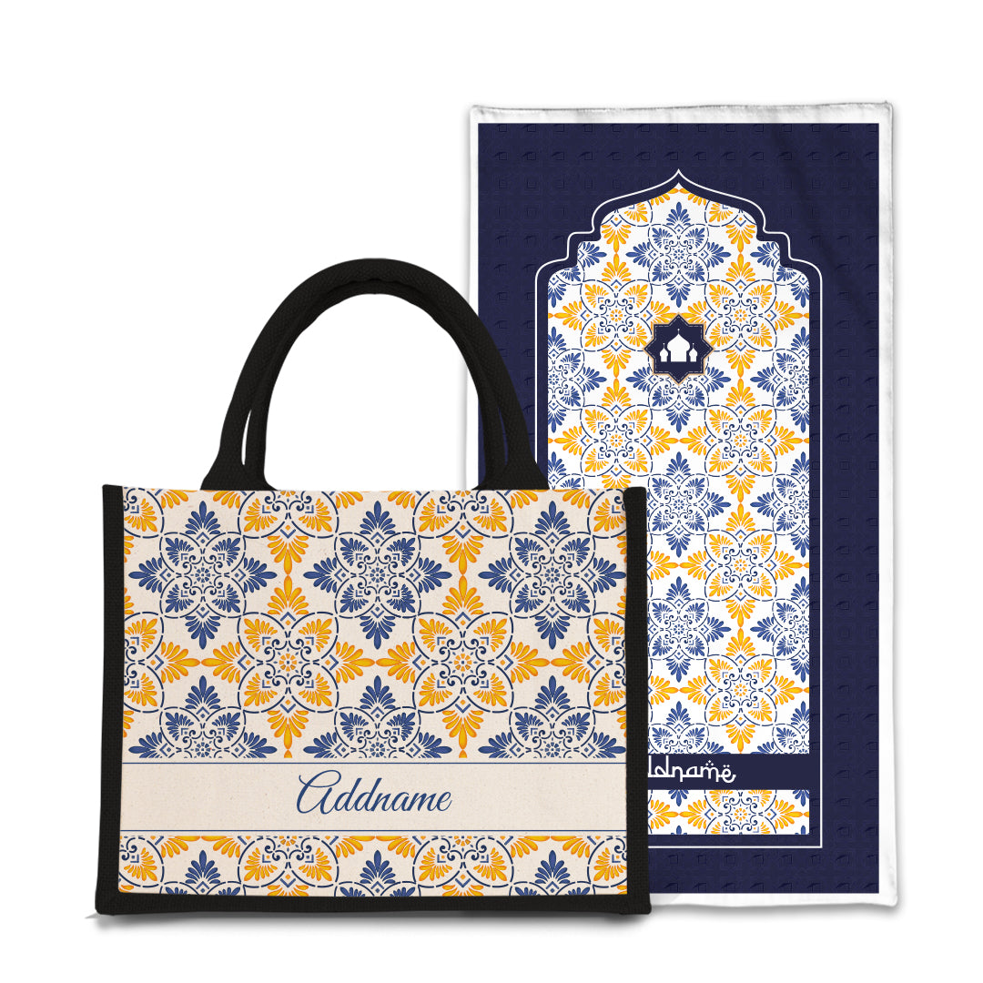Arabesque Butter Blue Sejadah Prayer Mat with Half Lining Small Jute Bag Bundle
