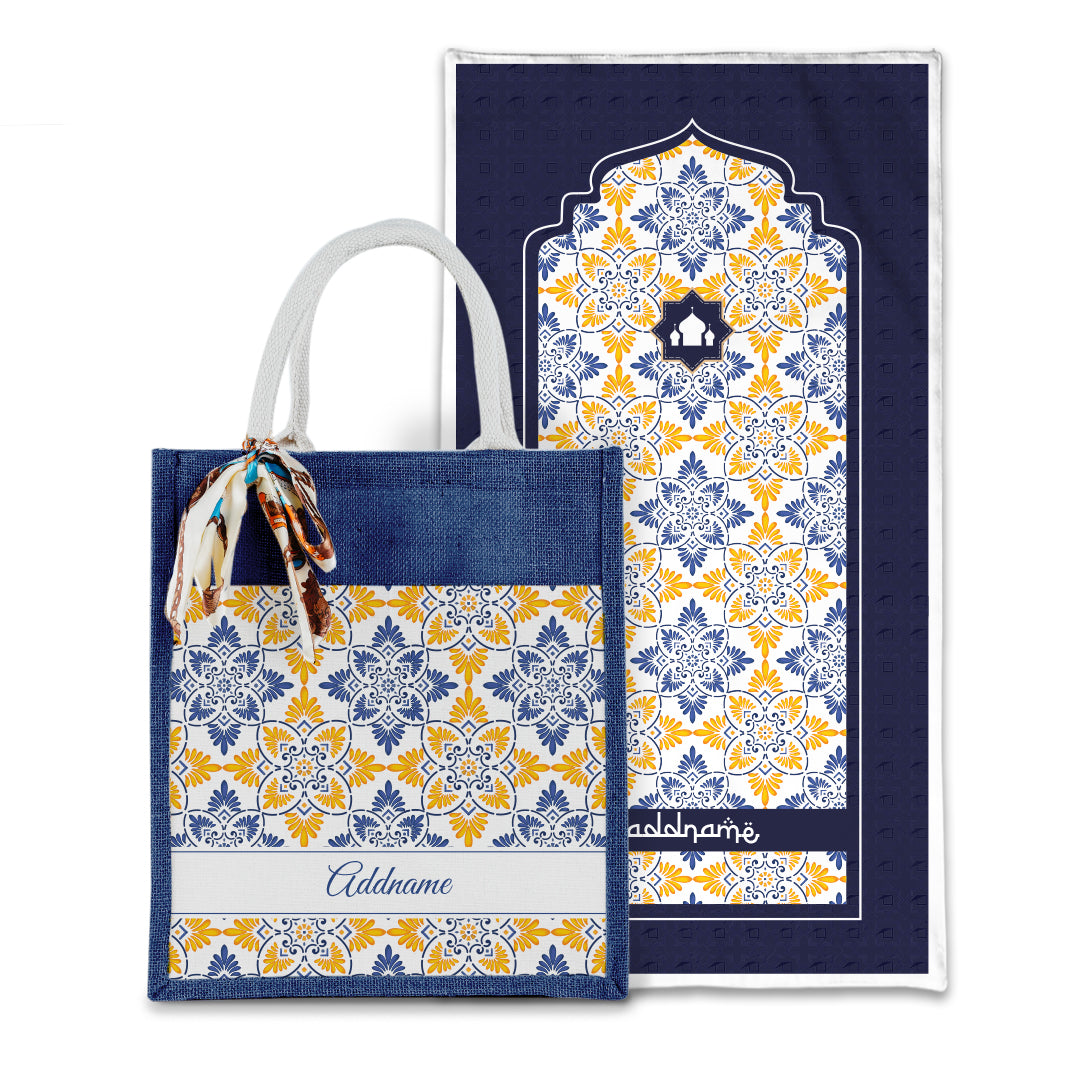 Arabesque Butter Blue Sejadah with Matching Colourful Jute Bag