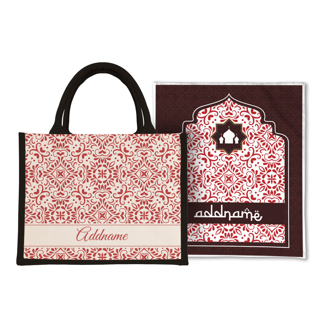 Arabesque Rosette Sejadah Prayer Mat with Half Lining Small Jute Bag Bundle