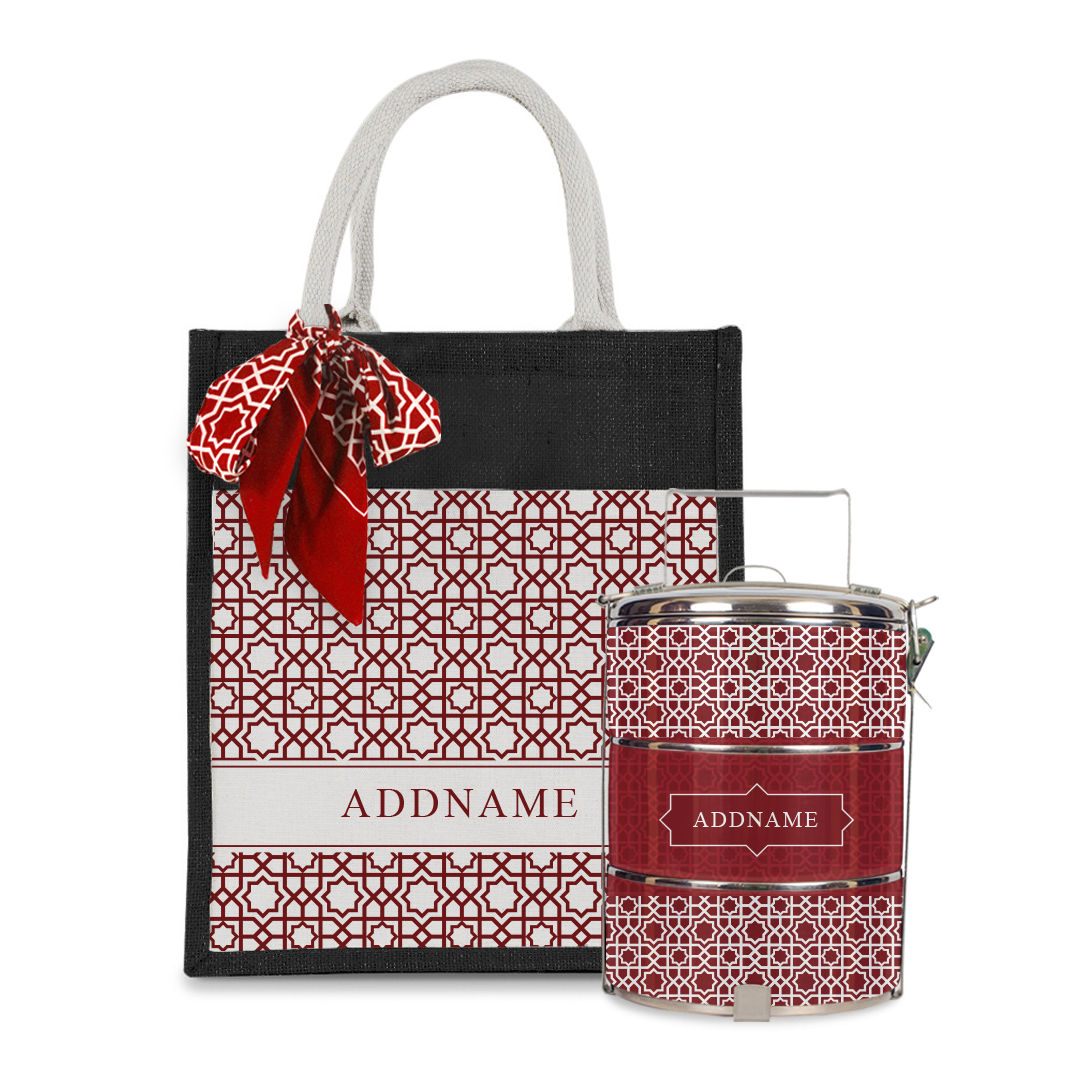 Annas Series - Rouge Colorful Jute Bag with Front Pocket with Tiffin Carrier Set