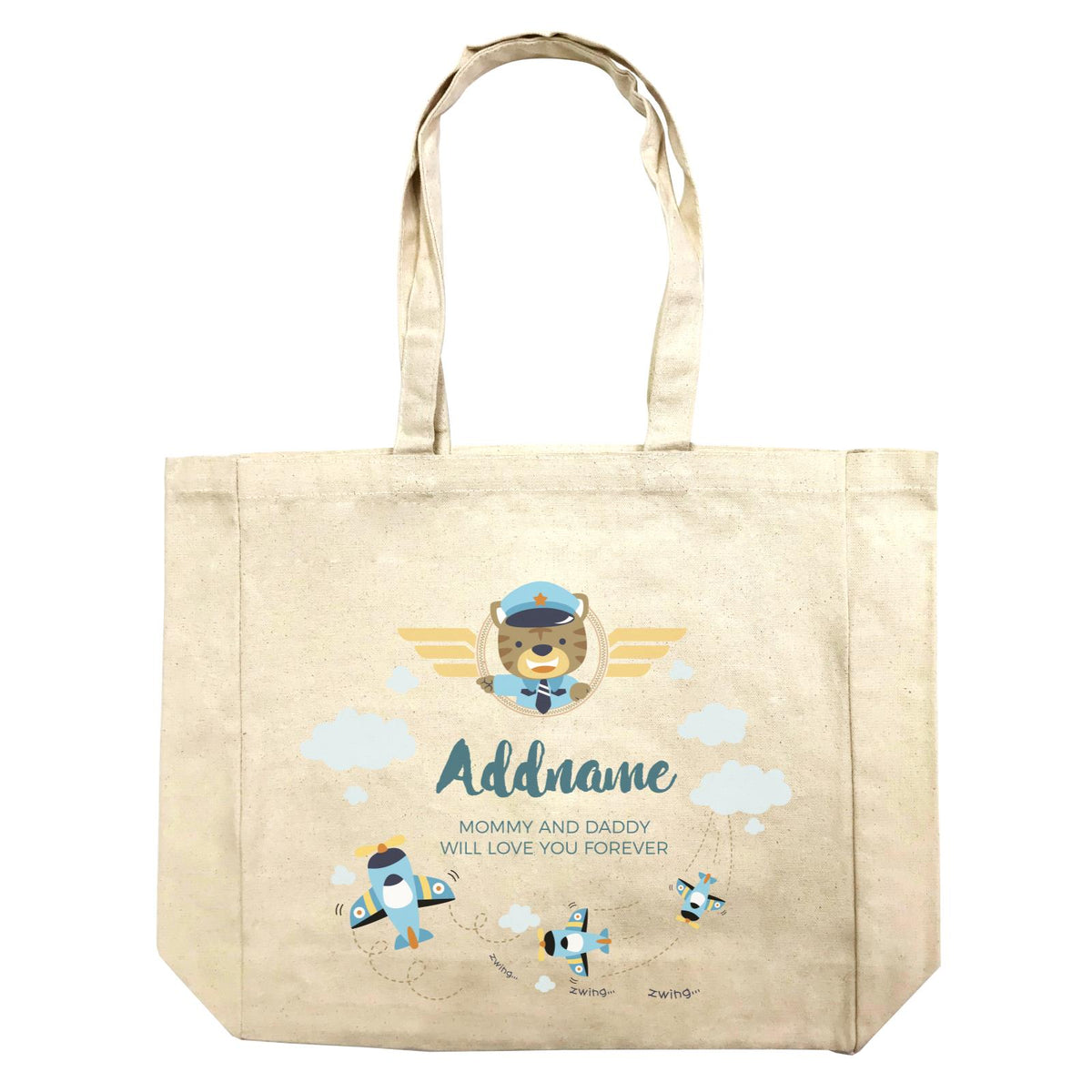 Cute Bear Pilot and Blue Planes Flying Personalizable with Name and Text Shopping Bag
