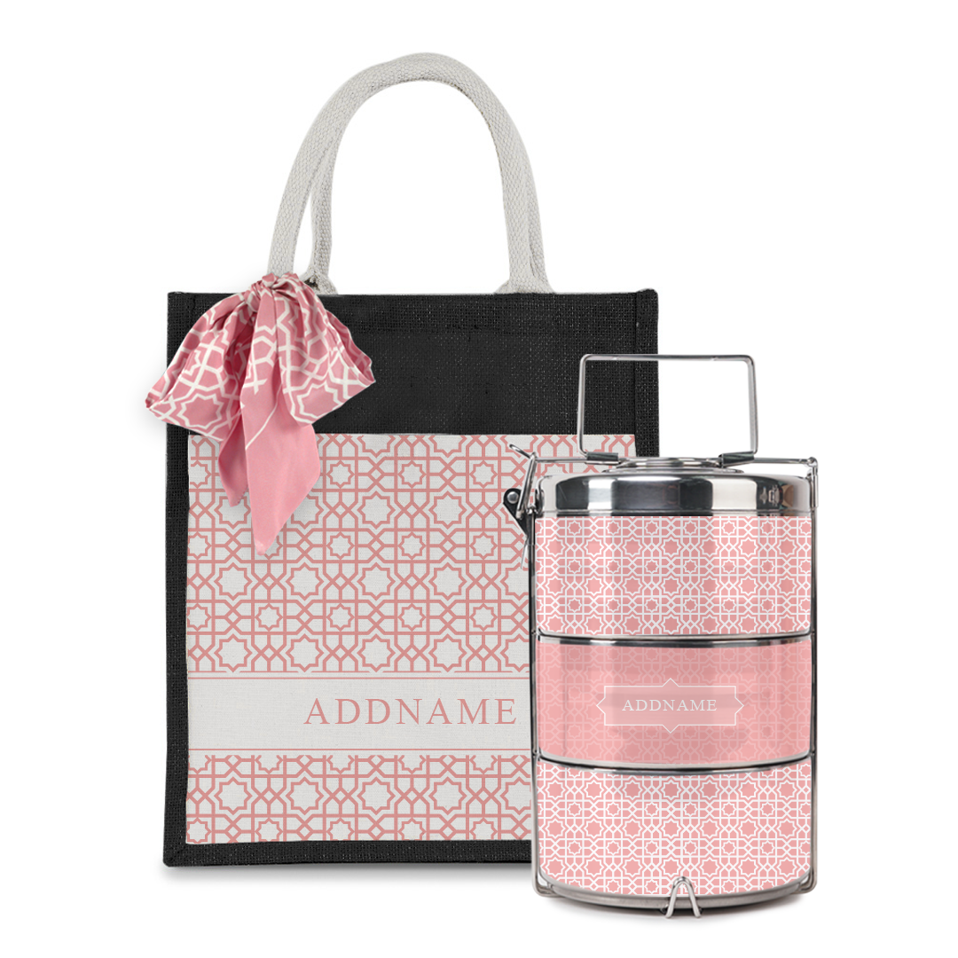 Annas Series - Pastel Peach Colorful Jute Bag with Front Pocket with Tiffin Carrier Set