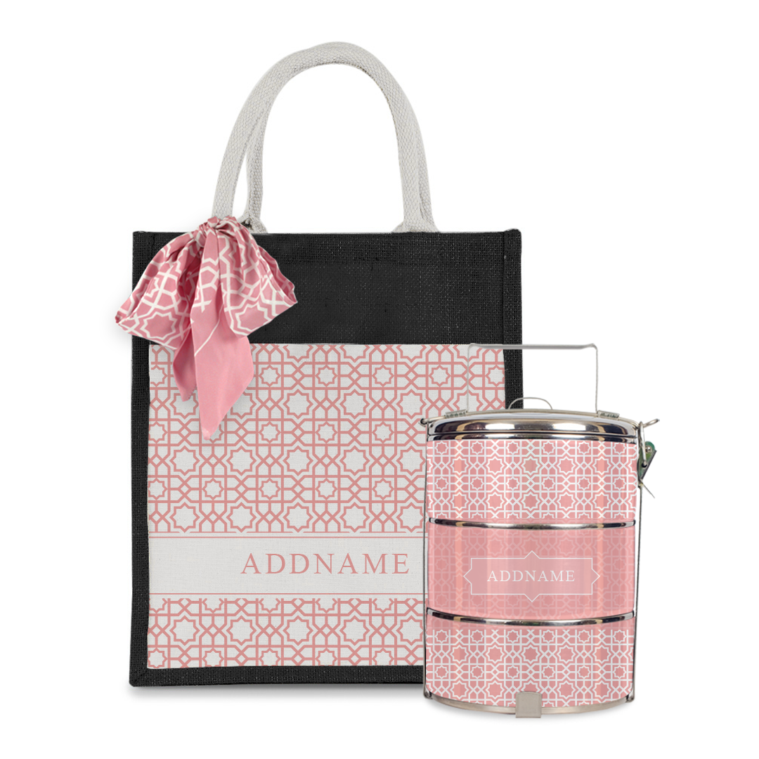 Annas Series - Pastel Peach Colorful Jute Bag with Front Pocket with Tiffin Carrier Set