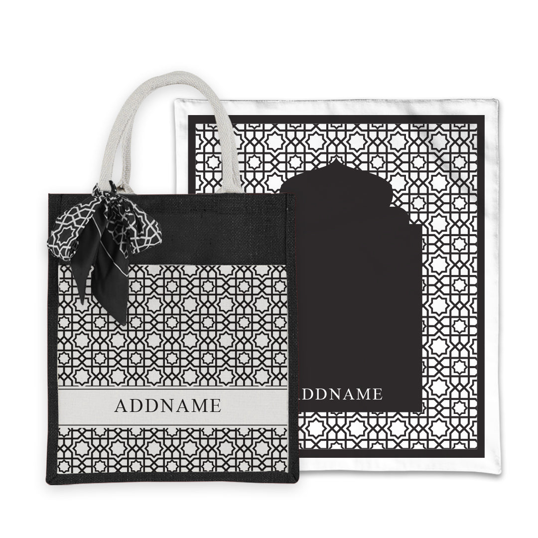 Annas Series - Black Prayer Mat with Matching Colourful Jute Bag