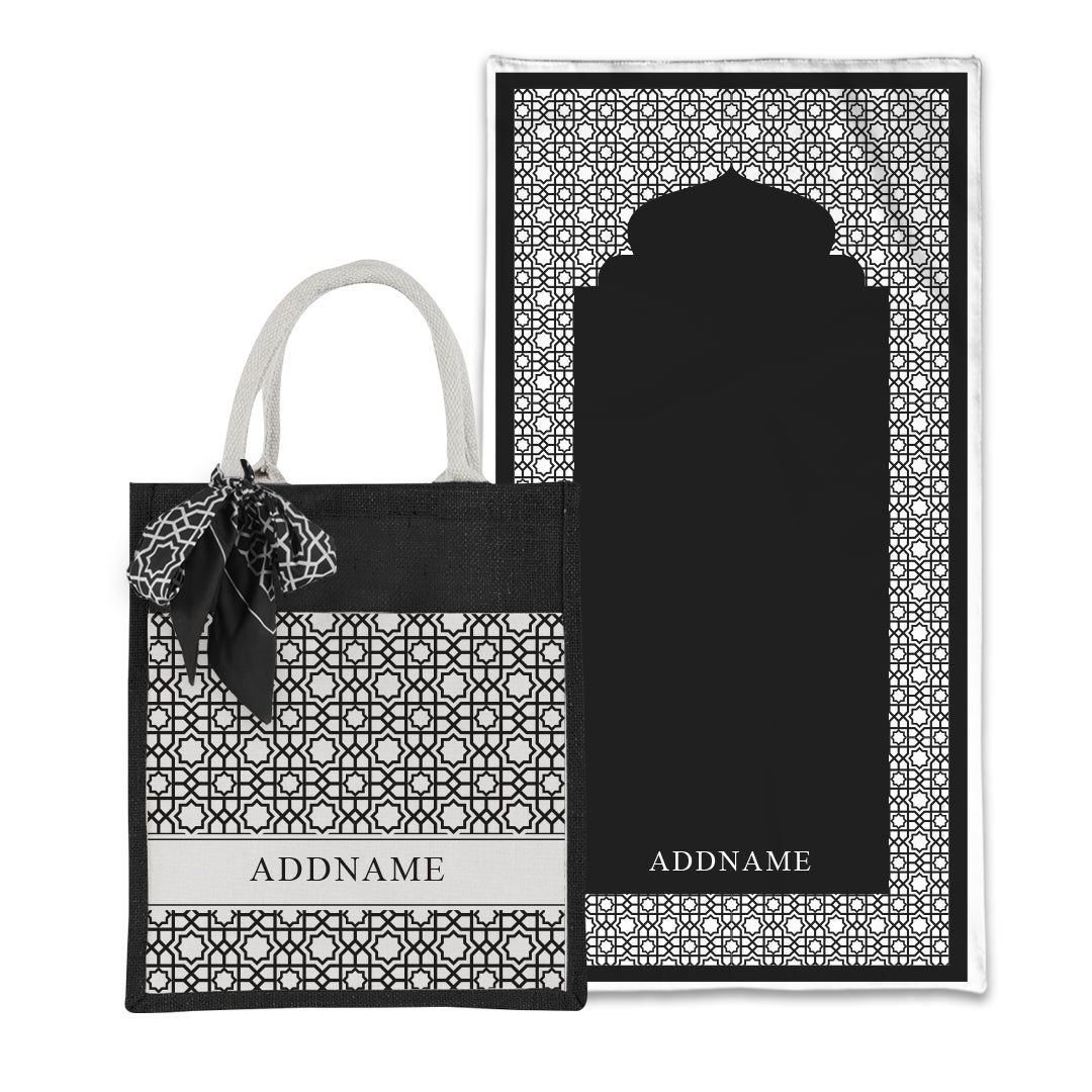 Annas Series - Black Prayer Mat with Matching Colourful Jute Bag