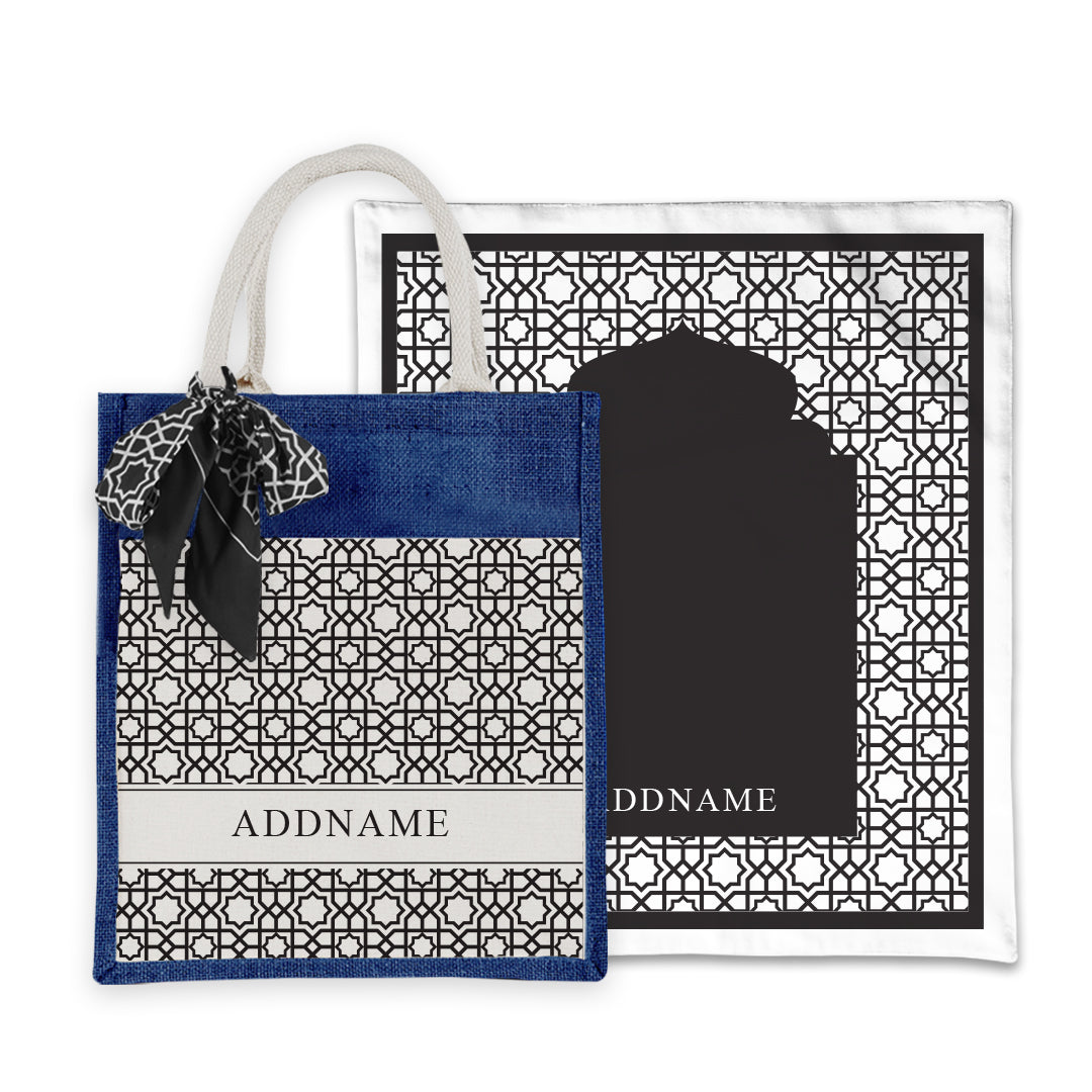 Annas Series - Black Prayer Mat with Matching Colourful Jute Bag