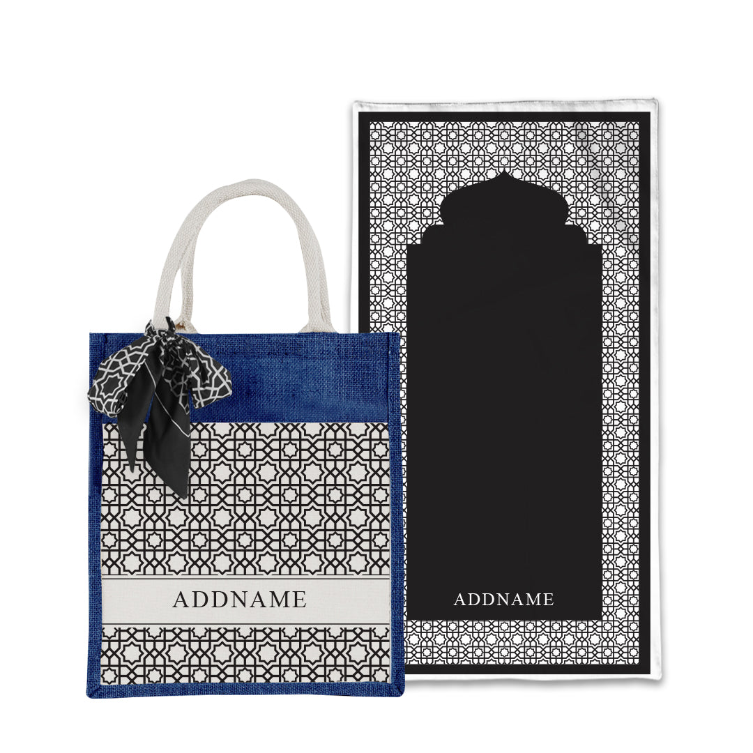 Annas Series - Black Prayer Mat with Matching Colourful Jute Bag