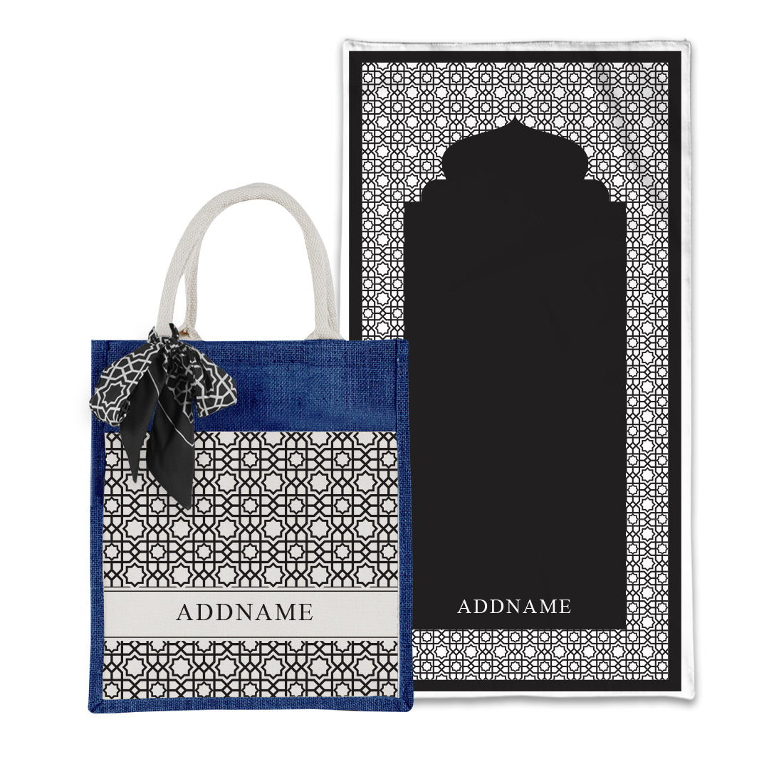 Annas Series - Black Prayer Mat with Matching Colourful Jute Bag