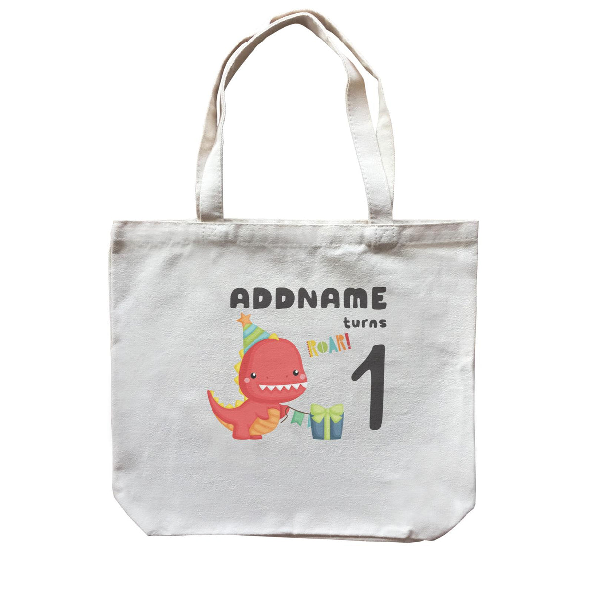 Birthday Dinosaur Happy Red Rex Wearing Party Hat Addname Turns 1 Canvas Bag