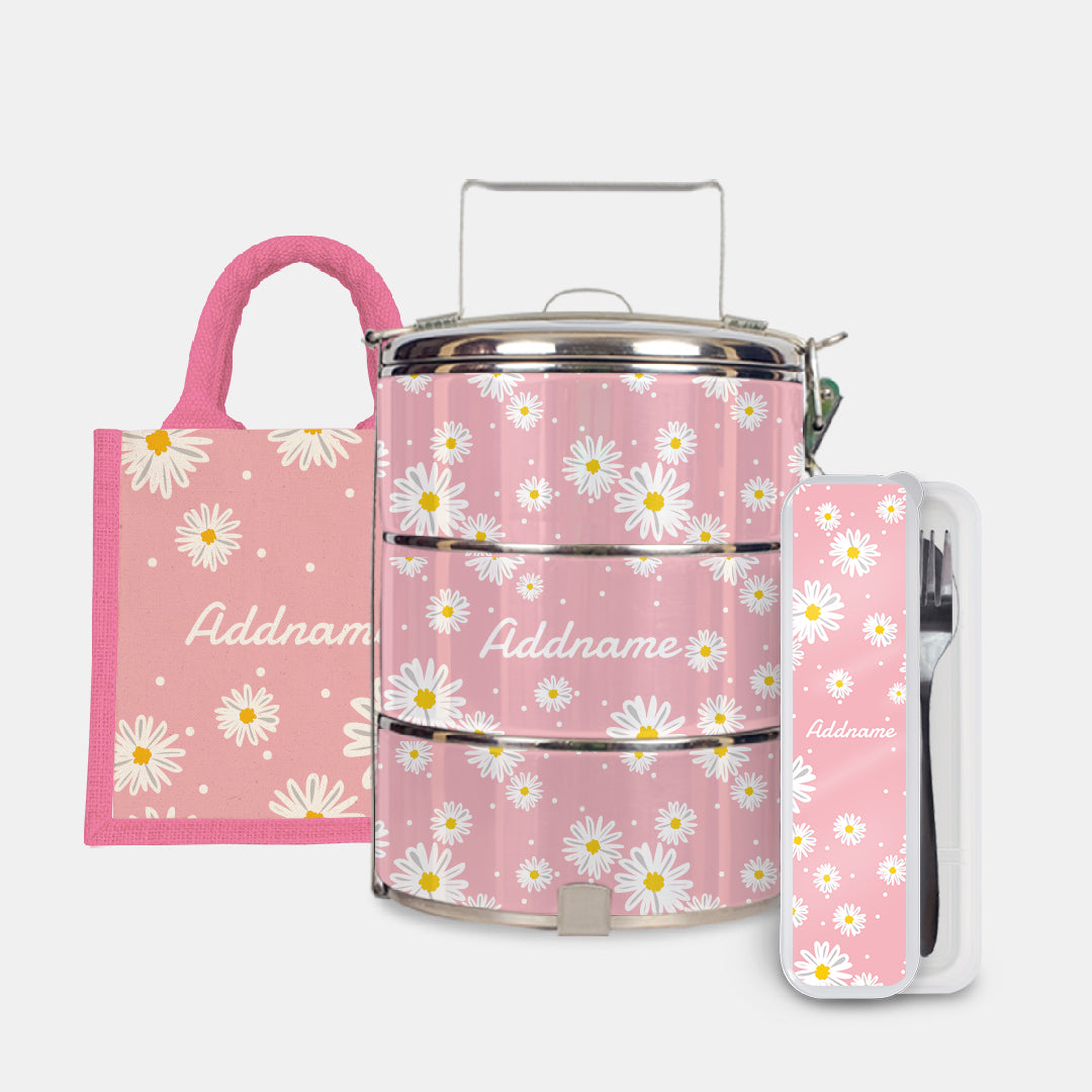 Daisy Series Half Lining Lunch Bag, Standard Tiffin Carrier And Cutlery Set - Blush Light Pink