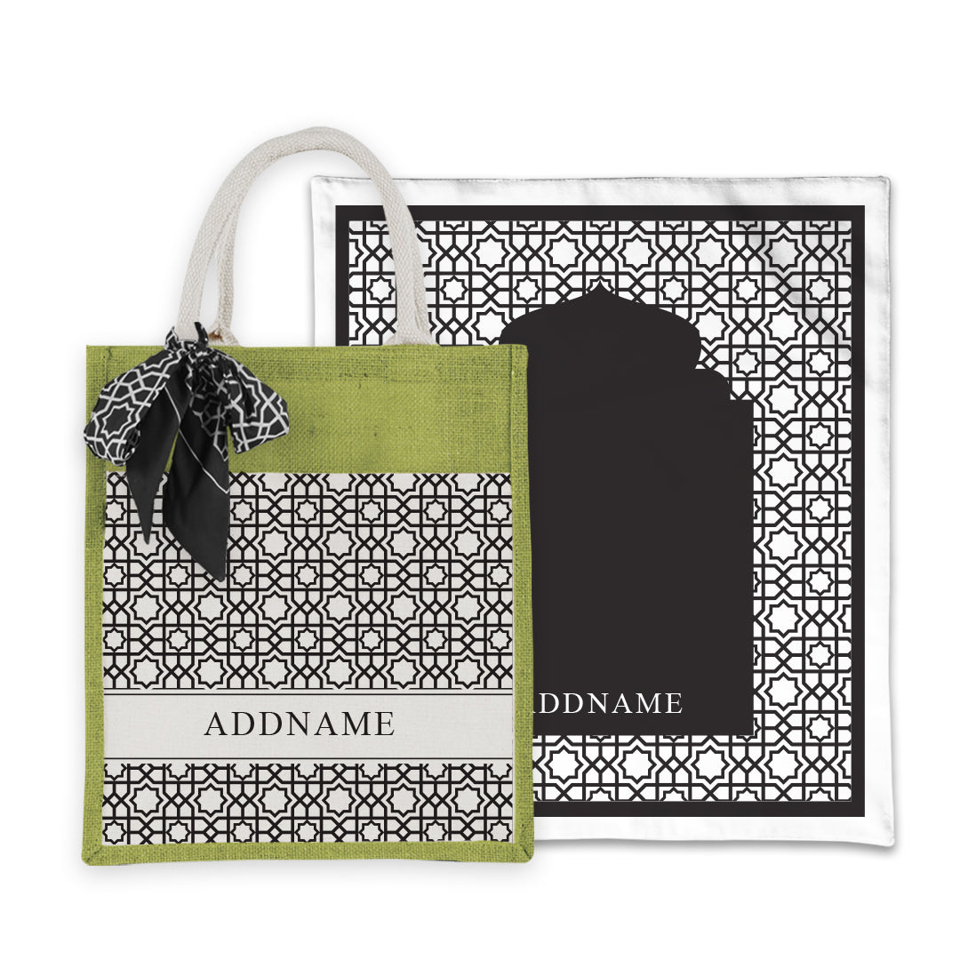 Annas Series - Black Prayer Mat with Matching Colourful Jute Bag