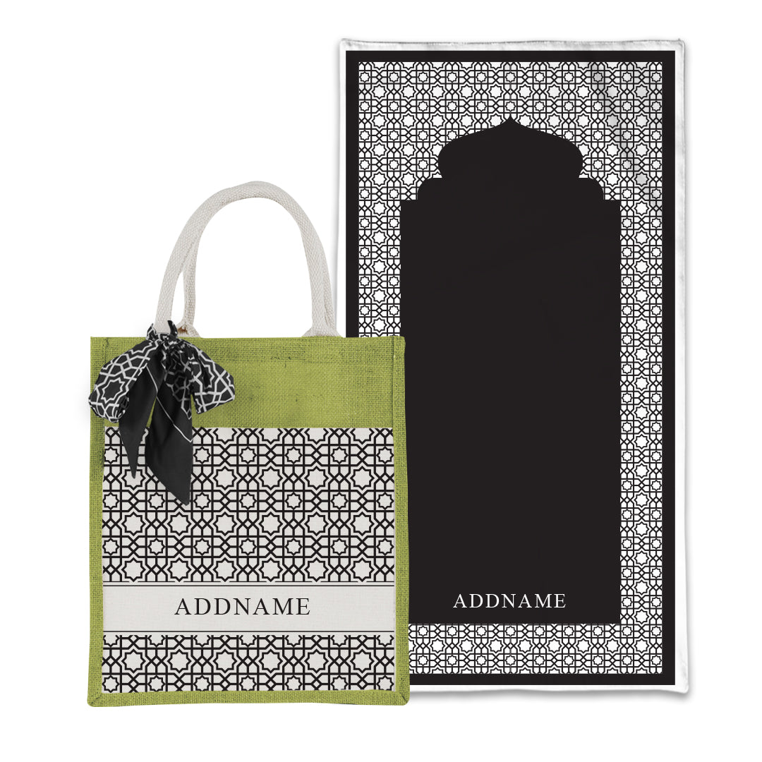 Annas Series - Black Prayer Mat with Matching Colourful Jute Bag