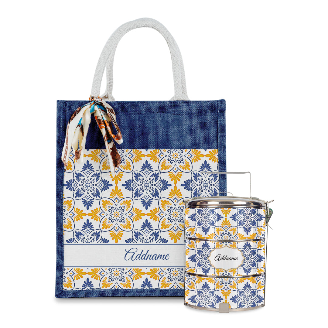 Arabesque Butter Blue Colourful Jute Bag with Tiffin Carrier Set