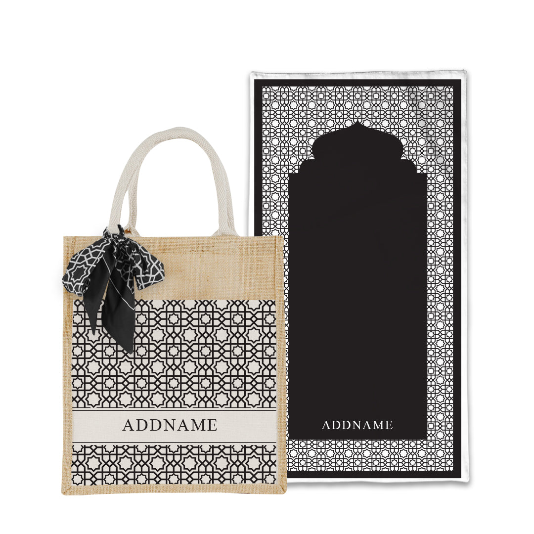 Annas Series - Black Prayer Mat with Matching Colourful Jute Bag