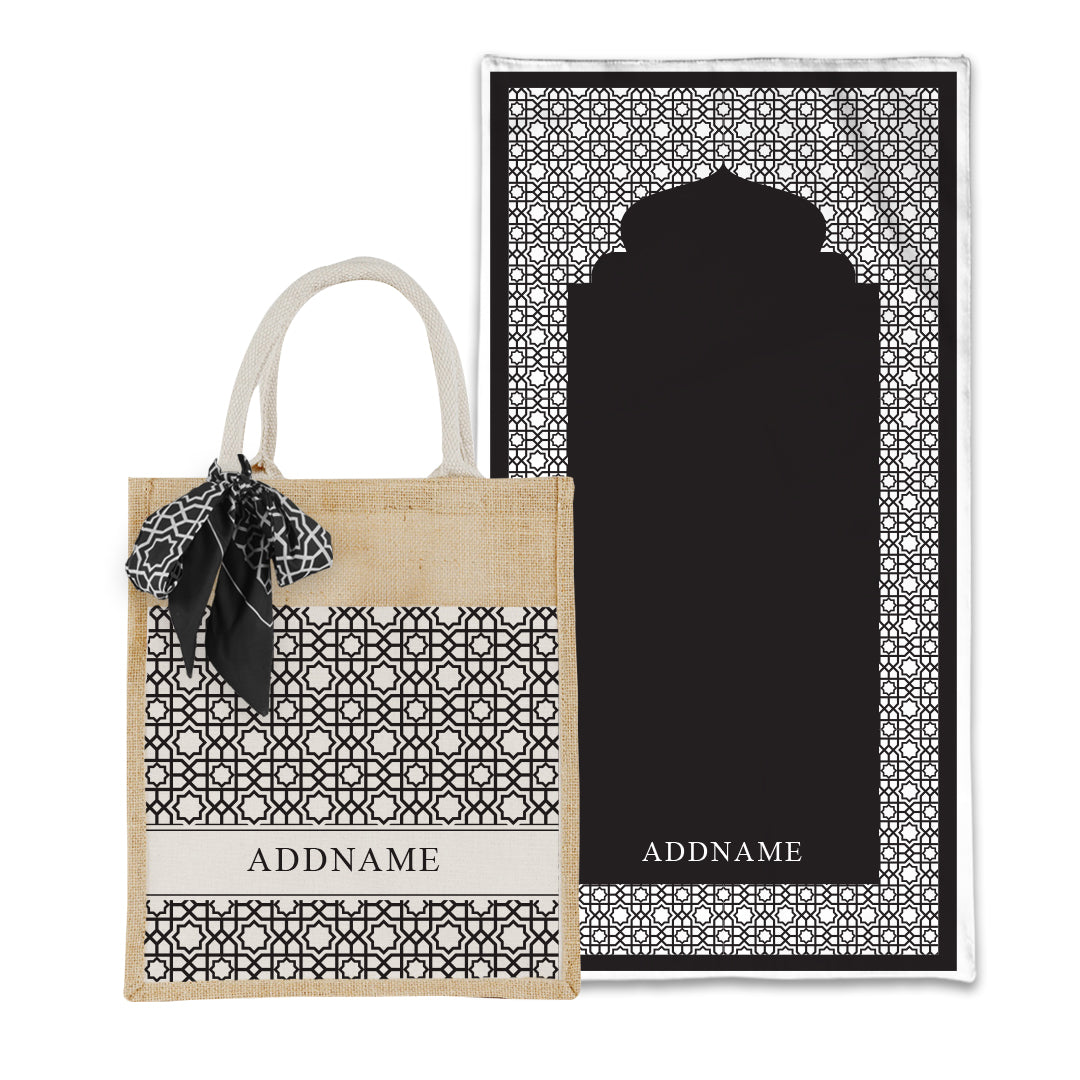 Annas Series - Black Prayer Mat with Matching Colourful Jute Bag