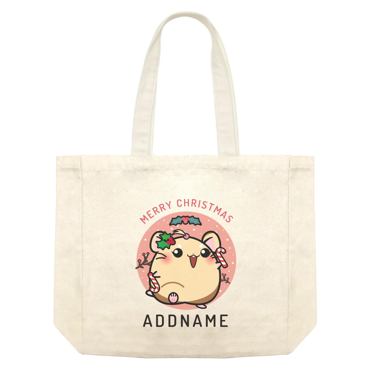 Merry Christmas Cute Santa Mistletoe Girl Hamster with Candy Cane Shopping Bag