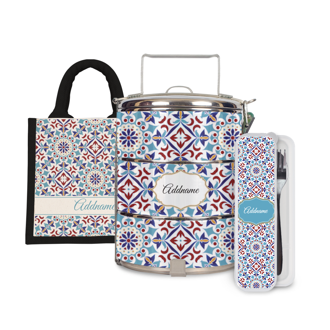 Moroccan Series - Arabesque Agean Blue Half Lining Lunch Bag, Tiffin Carrier and Cutlery Set