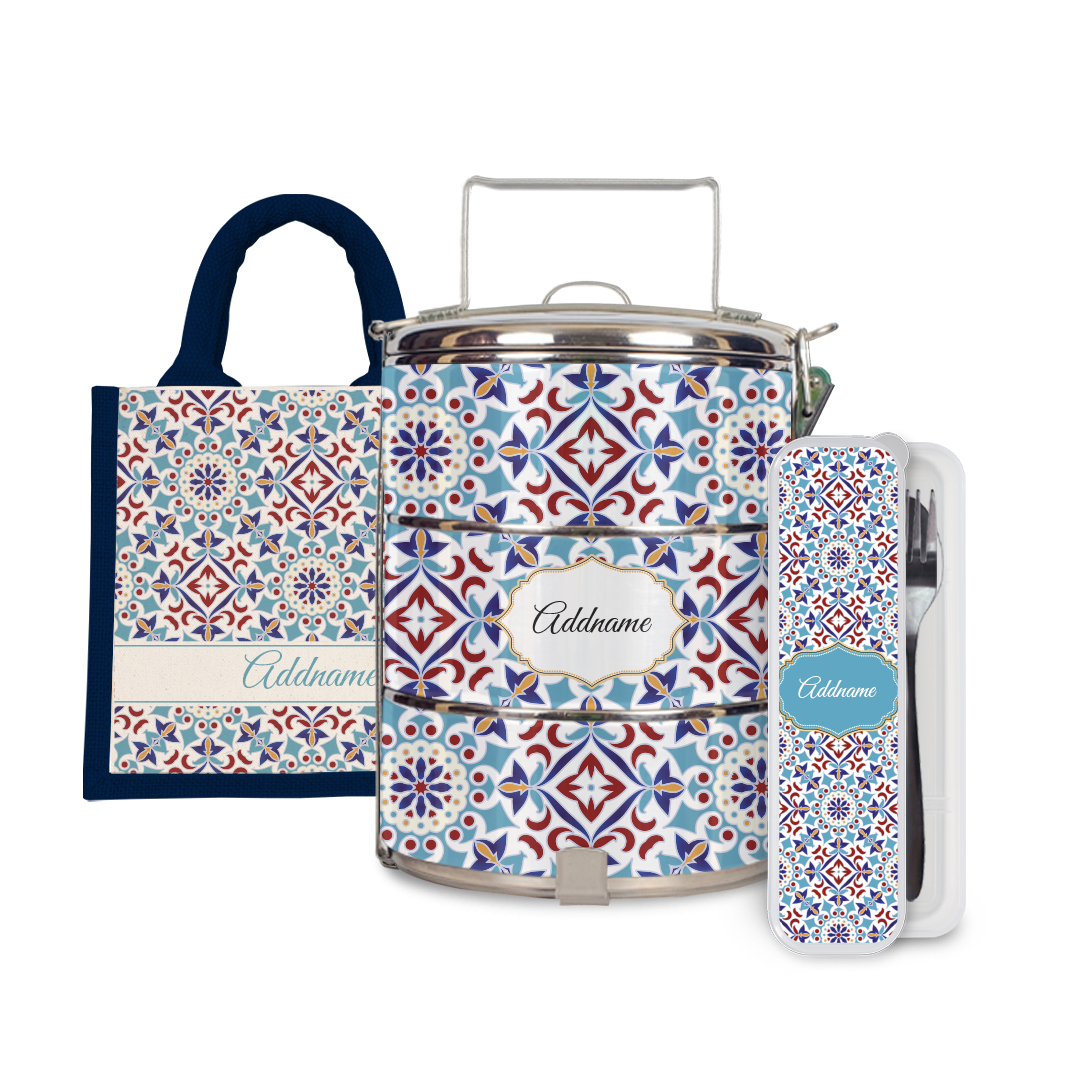 Moroccan Series - Arabesque Agean Blue Half Lining Lunch Bag, Tiffin Carrier and Cutlery Set