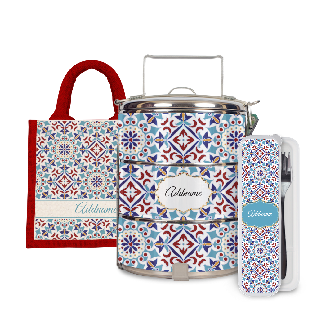 Moroccan Series - Arabesque Agean Blue Half Lining Lunch Bag, Tiffin Carrier and Cutlery Set