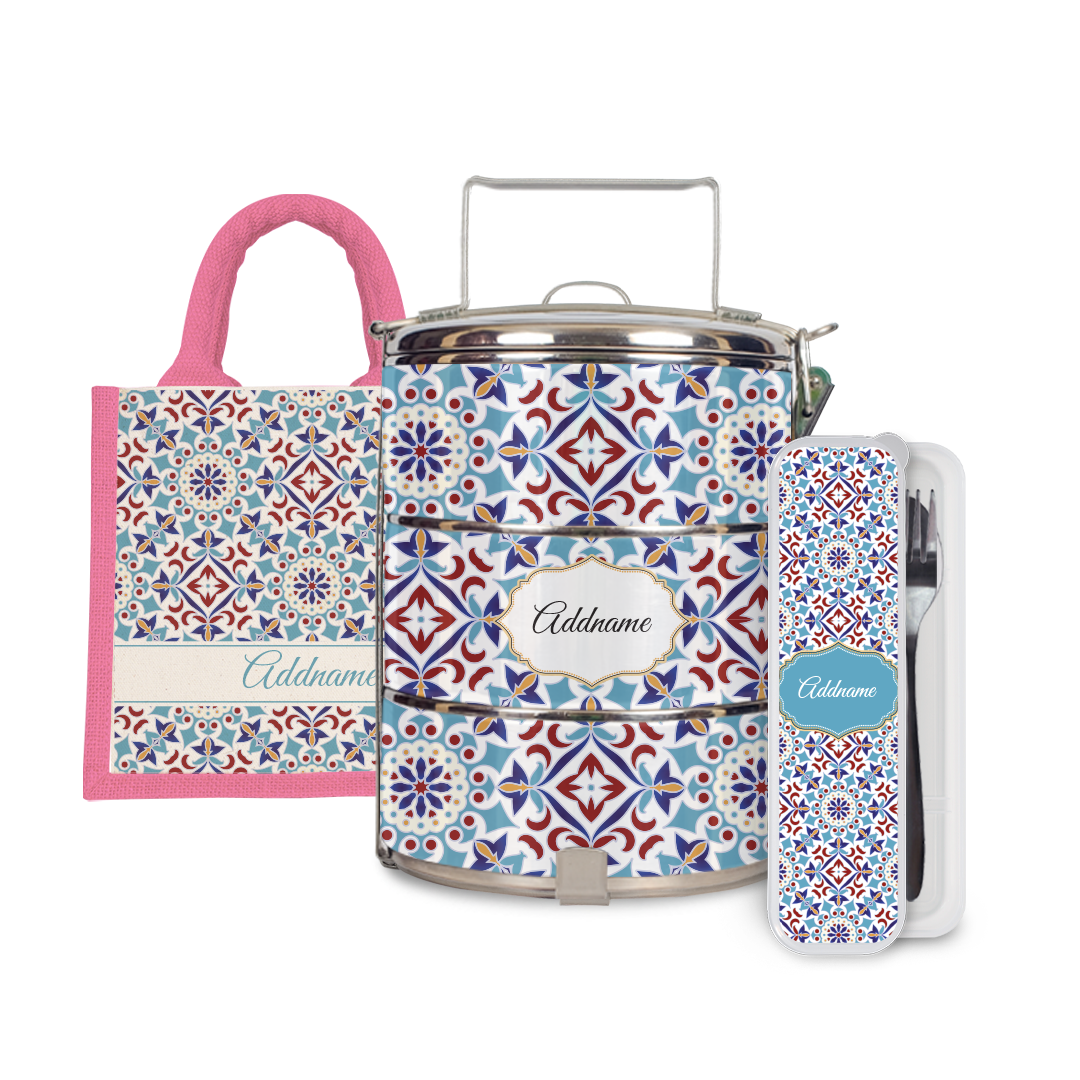 Moroccan Series - Arabesque Agean Blue Half Lining Lunch Bag, Tiffin Carrier and Cutlery Set