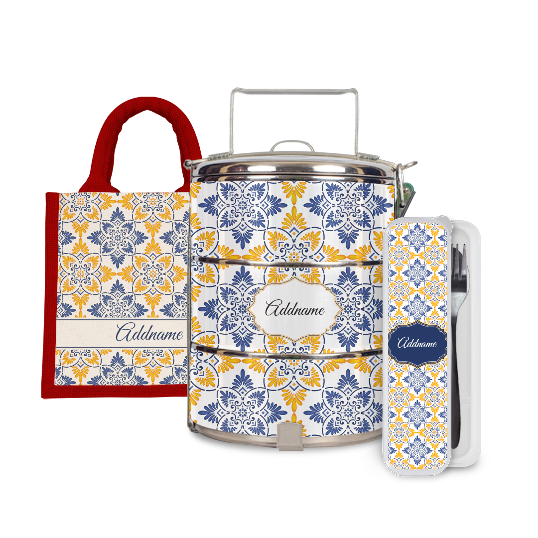 Moroccan Series - Arabesque Butter Blue Half Lining Lunch Bag, Tiffin Carrier and Cutlery Set