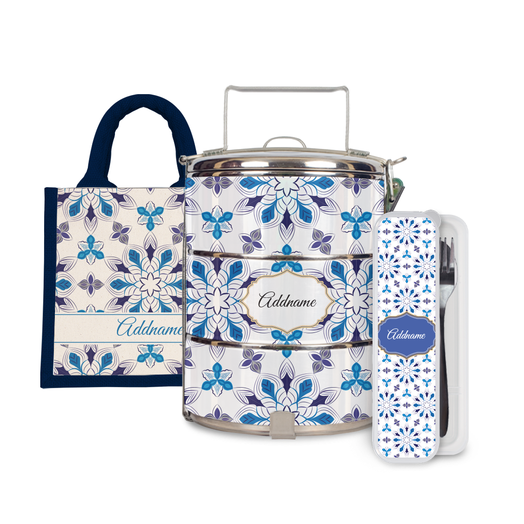 Moroccan Series - Arabesque Frost Half Lining Lunch Bag, Tiffin Carrier and Cutlery Set