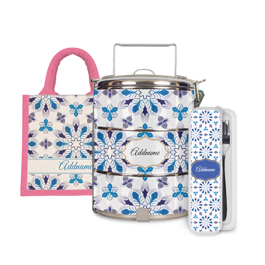 Moroccan Series - Arabesque Frost Half Lining Lunch Bag, Tiffin Carrier and Cutlery Set