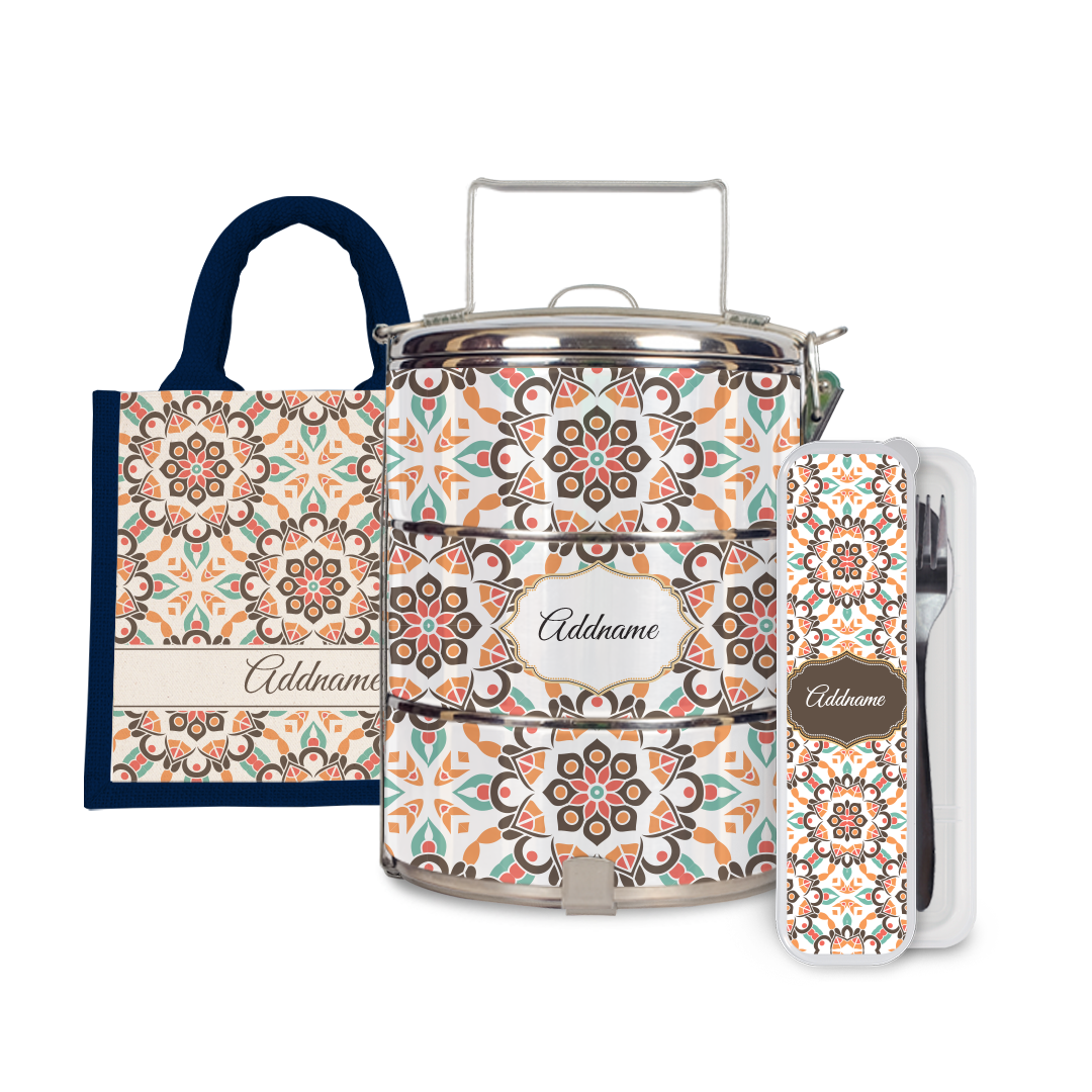 Moroccan Series - Arabesque Geo Brown Half Lining Lunch Bag, Tiffin Carrier and Cutlery Set