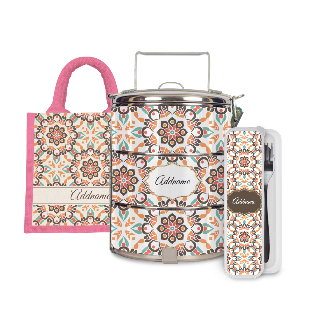 Moroccan Series - Arabesque Geo Brown Half Lining Lunch Bag, Tiffin Carrier and Cutlery Set
