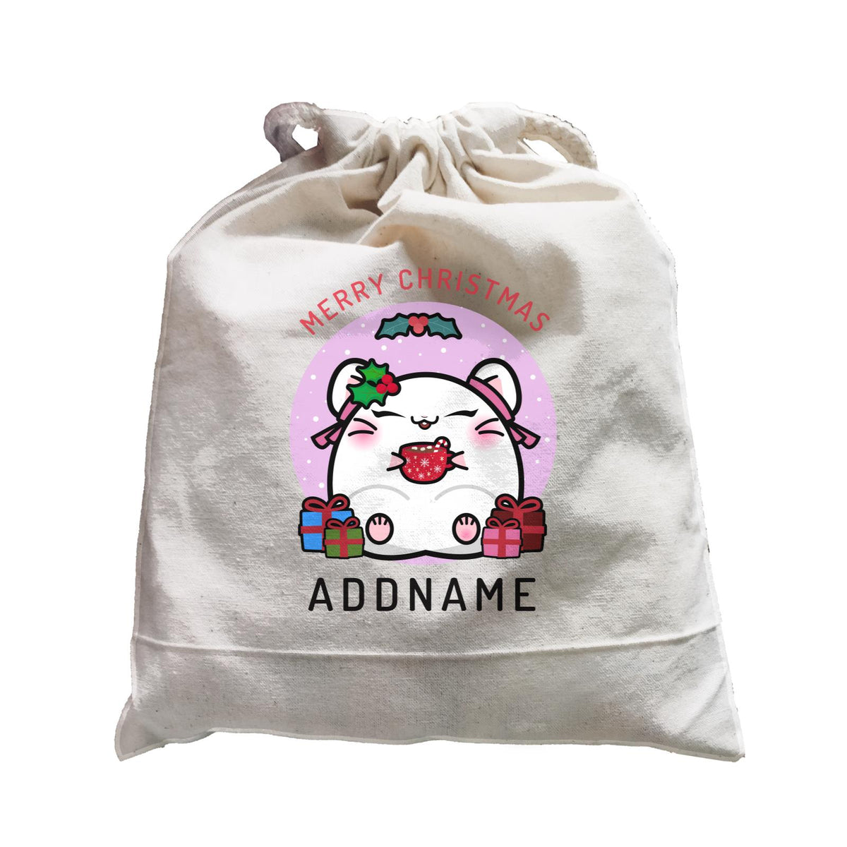 Merry Christmas Cute Santa Mistletoe Girl Hamster with Gifts Satchel