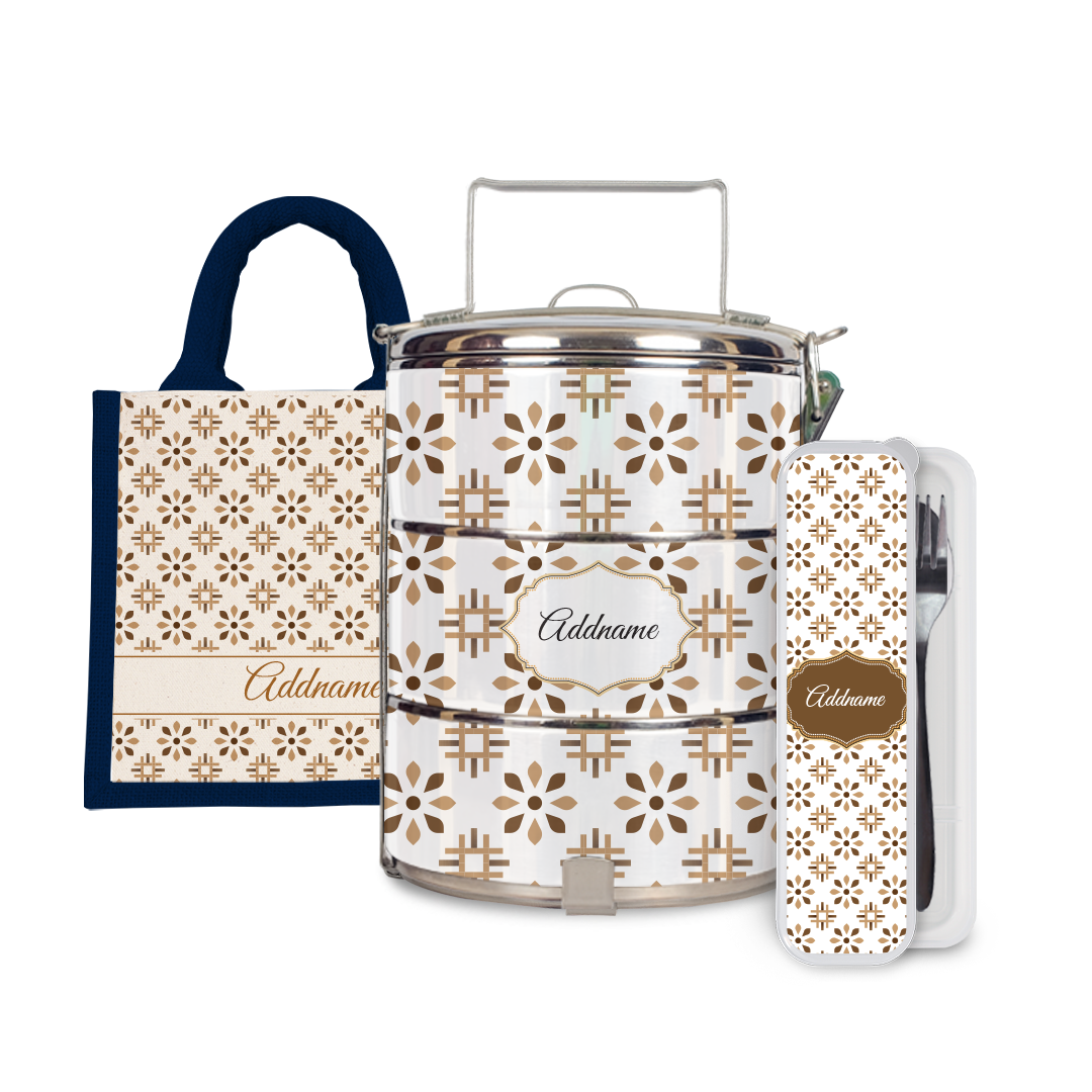 Moroccan Series - Arabesque Tawny Brown Half Lining Lunch Bag, Tiffin Carrier and Cutlery Set