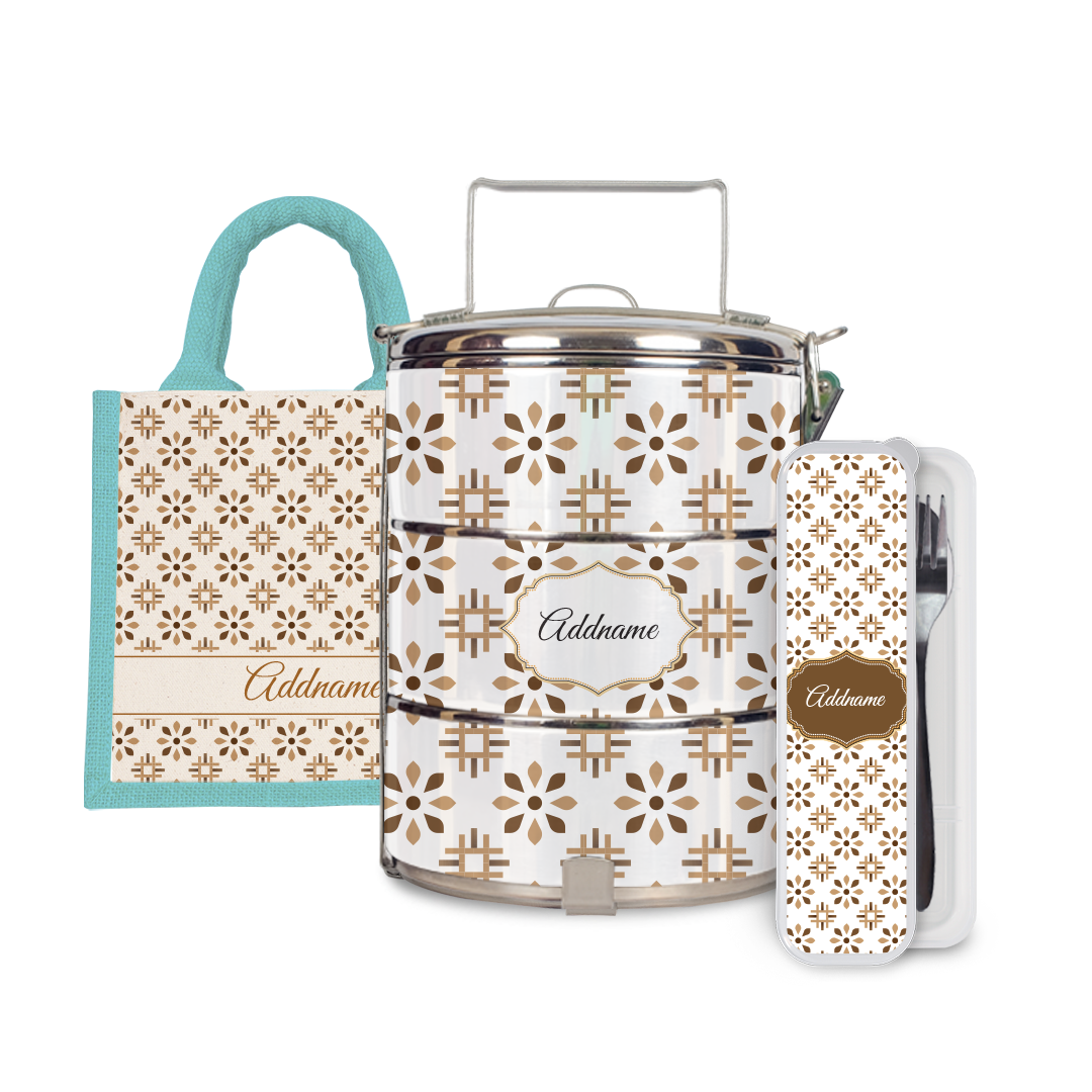 Moroccan Series - Arabesque Tawny Brown Half Lining Lunch Bag, Tiffin Carrier and Cutlery Set