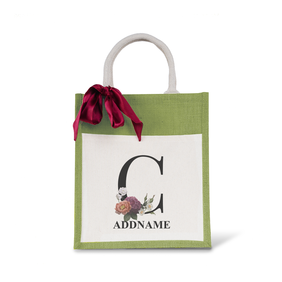 Myra Floral Series Olive Green Colourful Jute Bag With Front Pocket