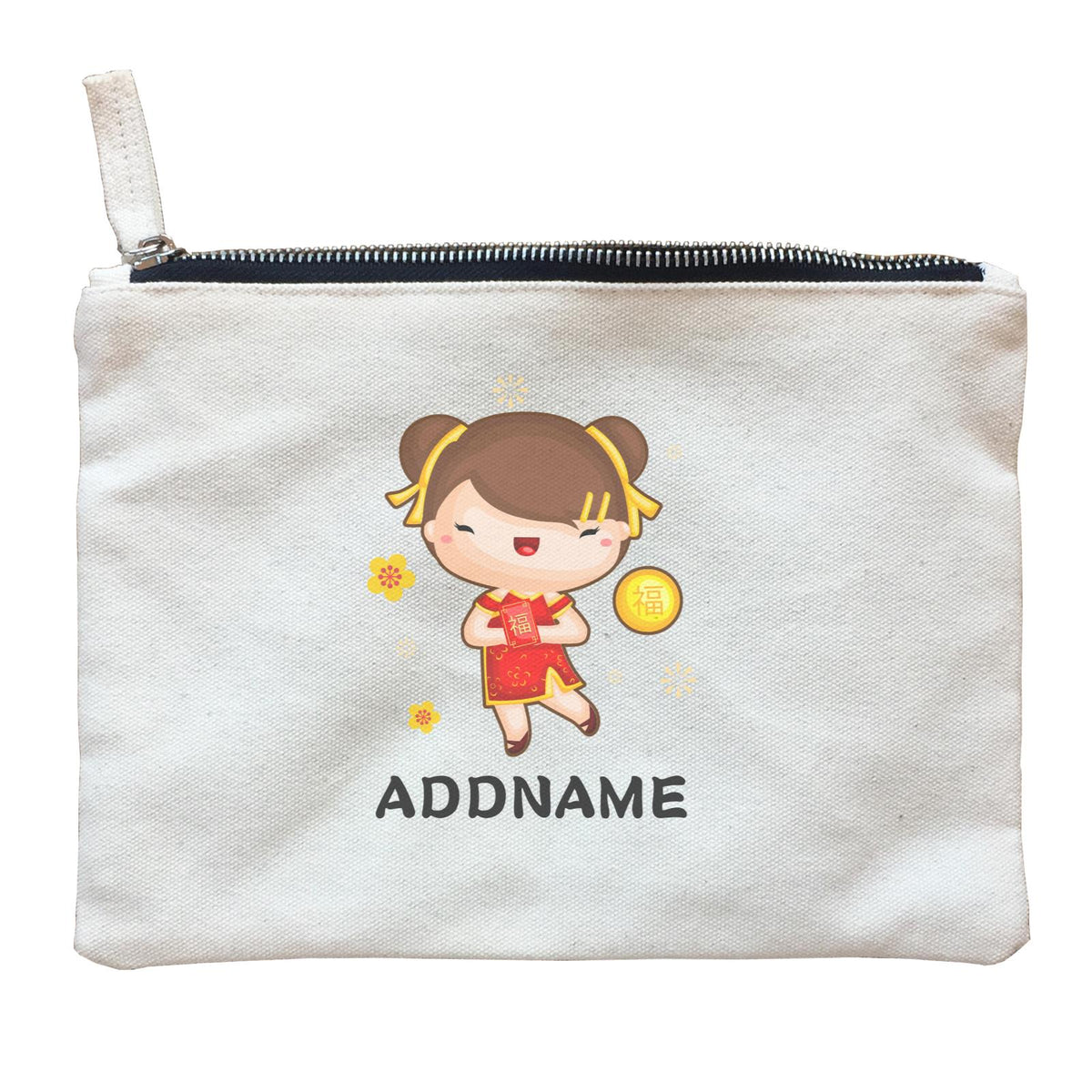 Cute CNY Girl with Red Packet and Happiness Symbol Zipper Pouch