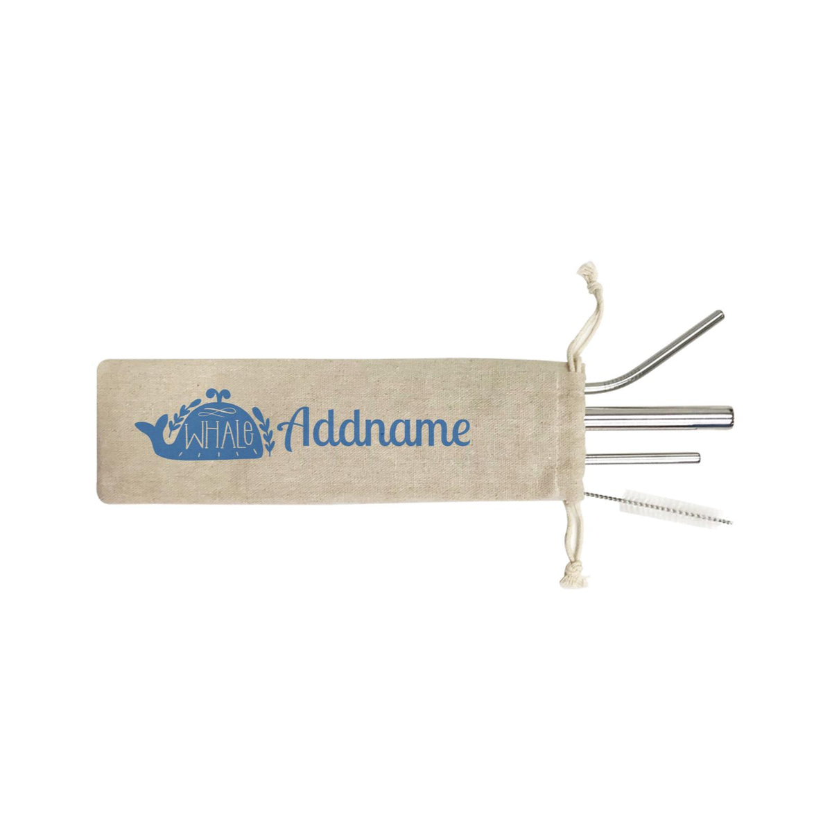 Sea Animal Silhouettes Whale Addname SB 4-in-1 Stainless Steel Straw Set In a Satchel