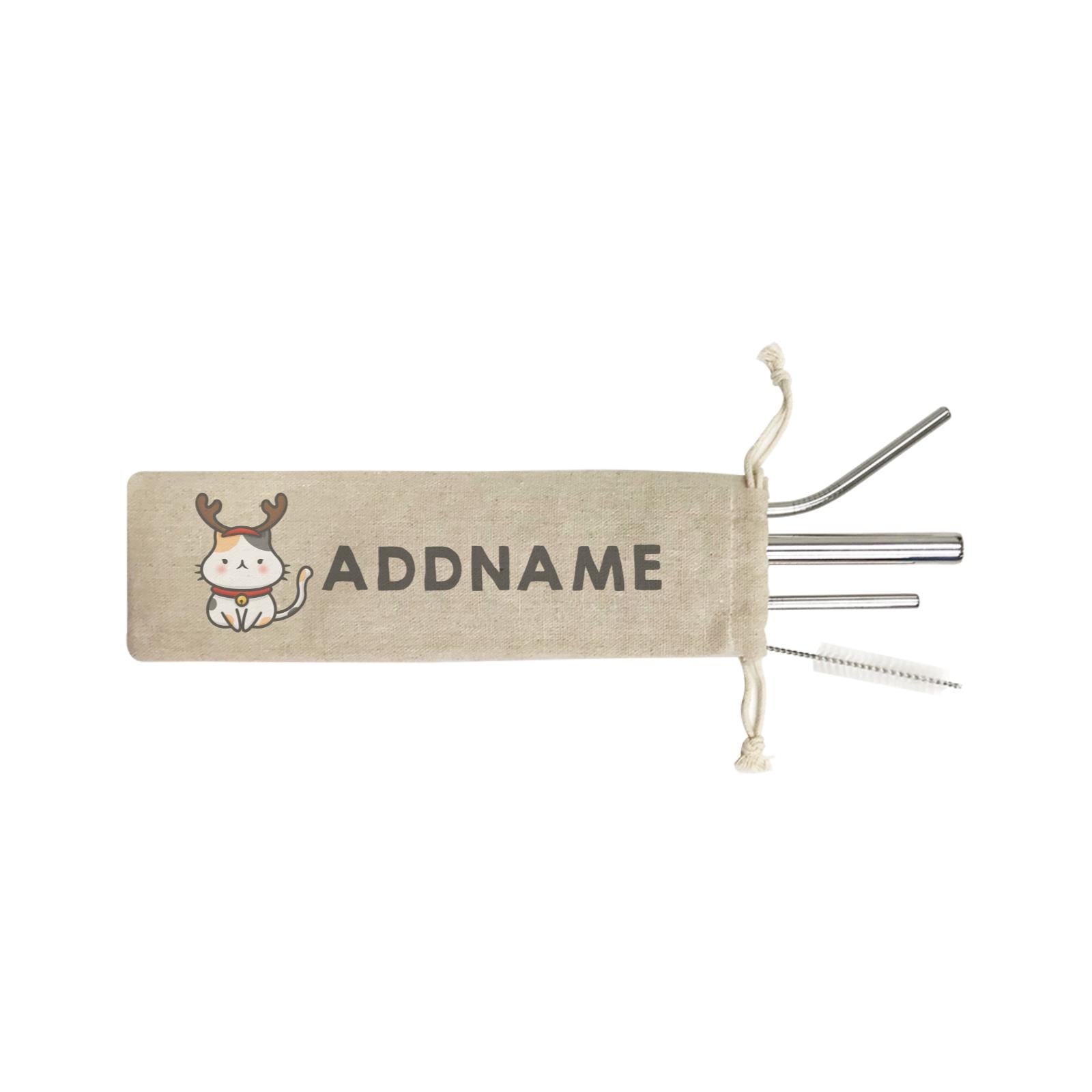 Xmas Cute Cat With Reindeer Antlers Addname SB 4-in-1 Stainless Steel Straw Set In a Satchel