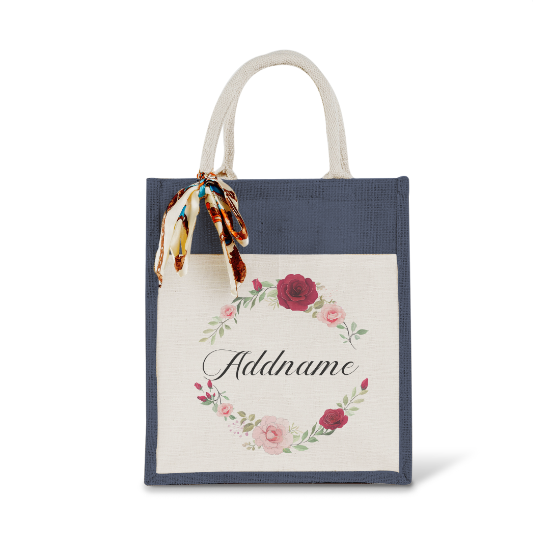 Luxurious Flower Wreath Colourful Jute Bag With Front Pocket