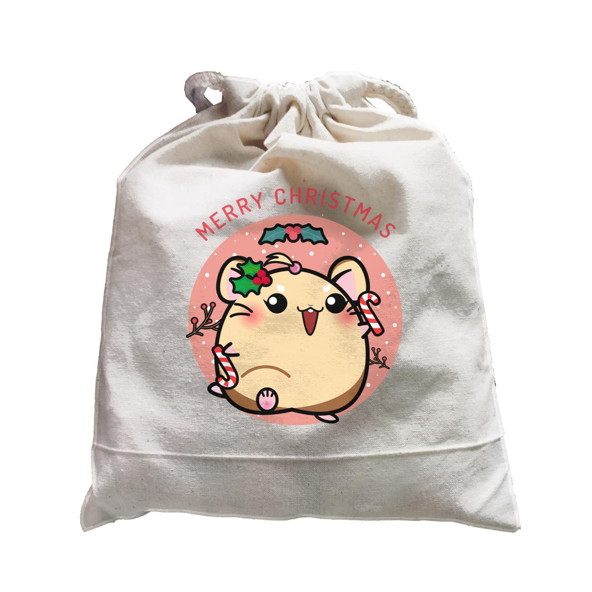 Merry Christmas Cute Santa Mistletoe Girl Hamster with Candy Cane Satchel