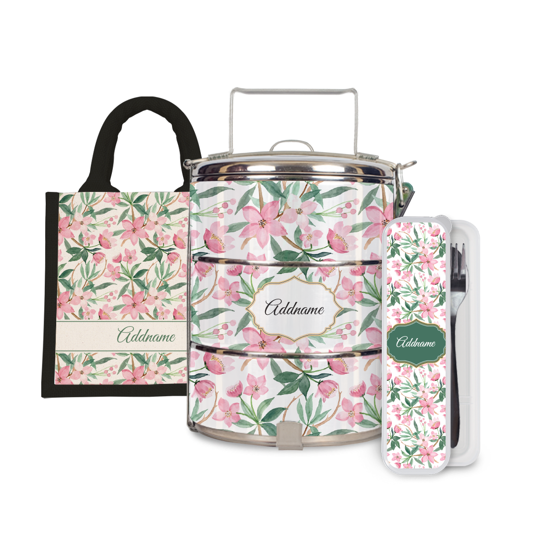 Laura Series - Blossom Half Lining Lunch Bag, Tiffin Carrier and Cutlery Set