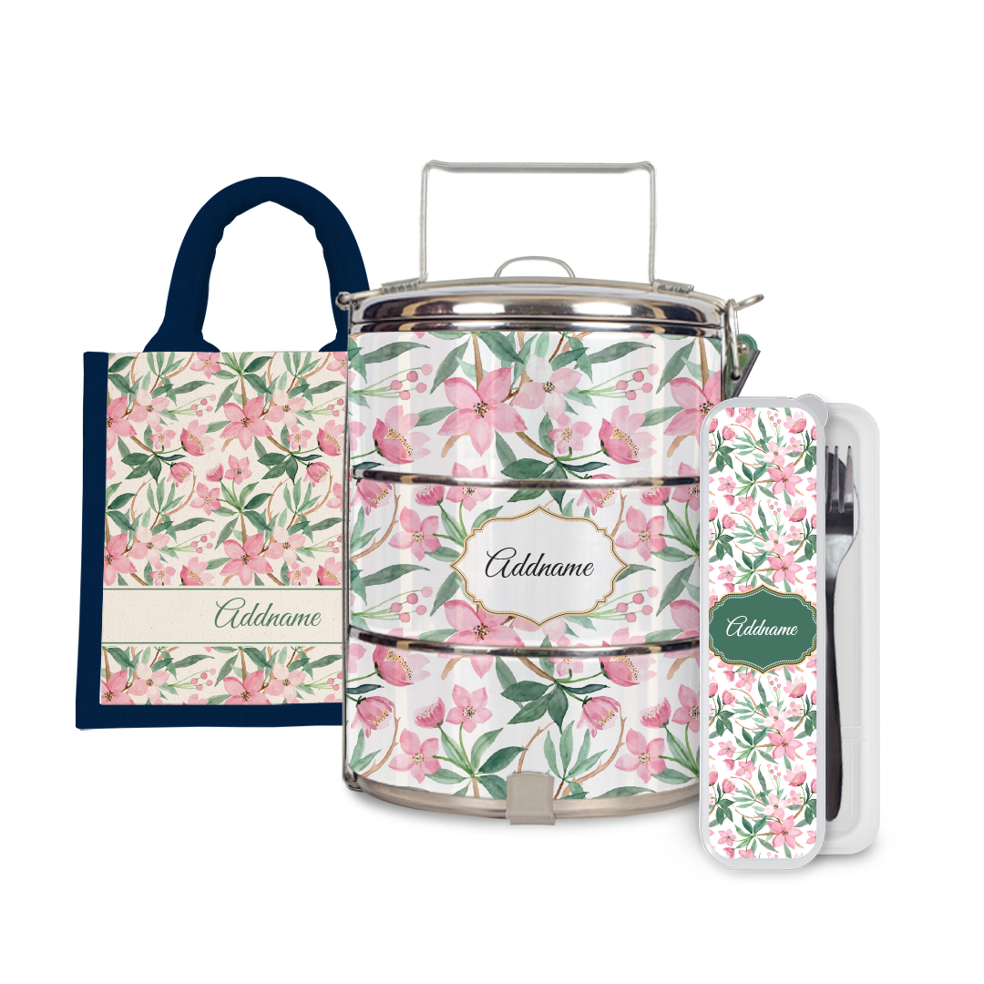 Laura Series - Blossom Half Lining Lunch Bag, Tiffin Carrier and Cutlery Set