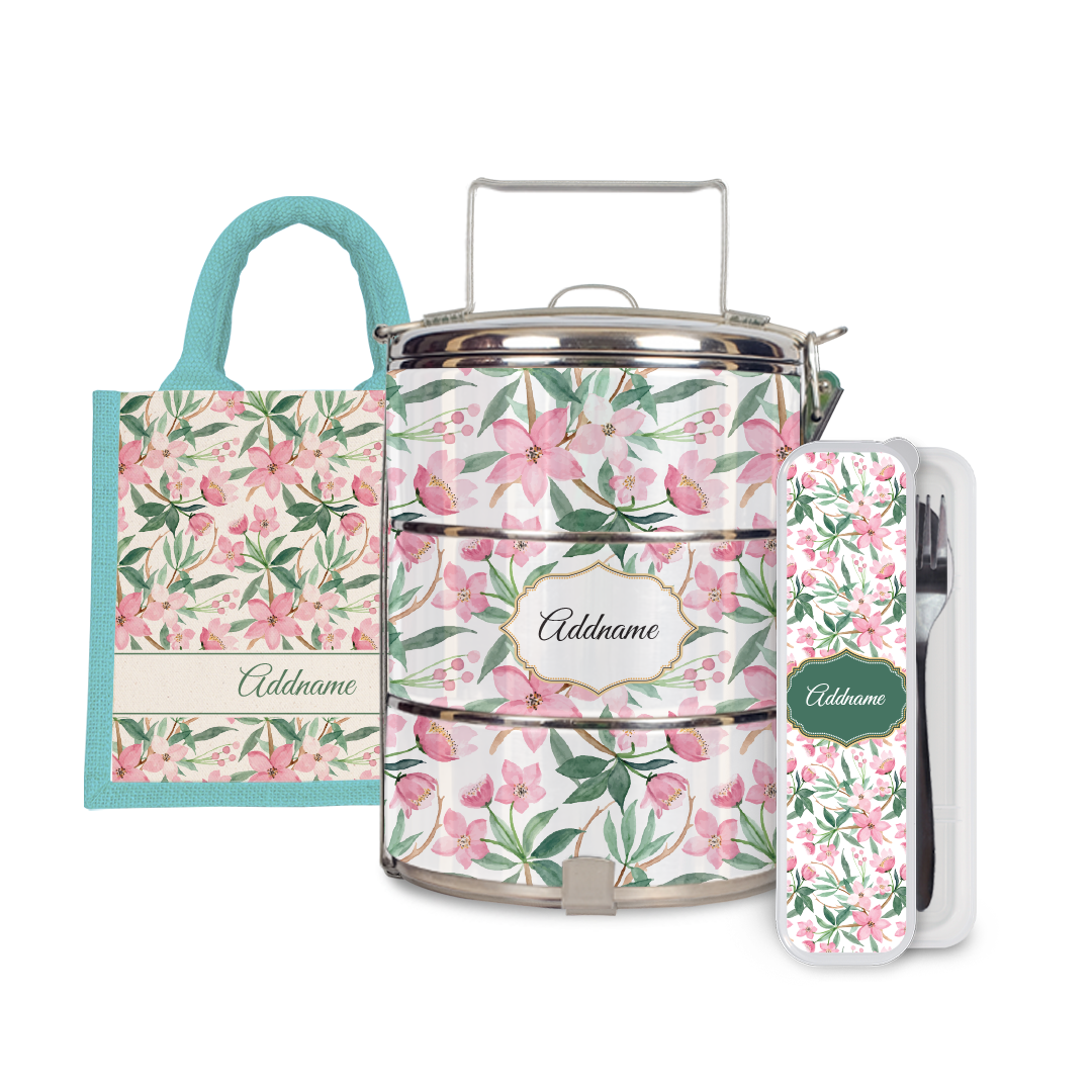 Laura Series - Blossom Half Lining Lunch Bag, Tiffin Carrier and Cutlery Set