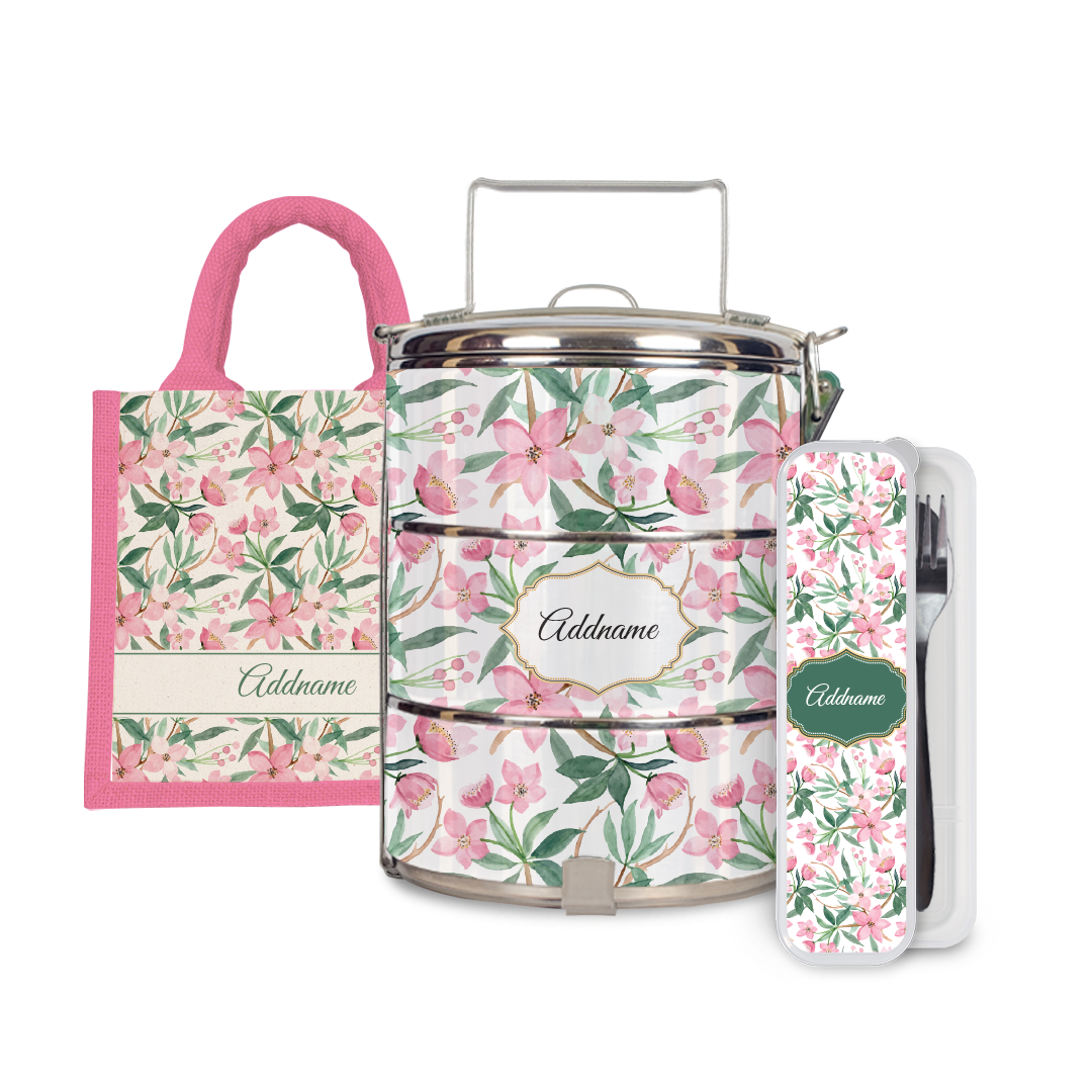 Laura Series - Blossom Half Lining Lunch Bag, Tiffin Carrier and Cutlery Set