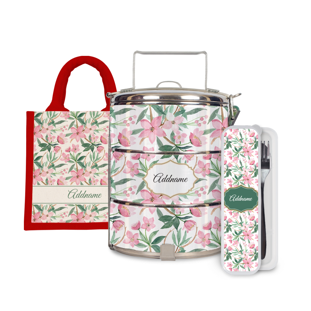 Laura Series - Blossom Half Lining Lunch Bag, Tiffin Carrier and Cutlery Set