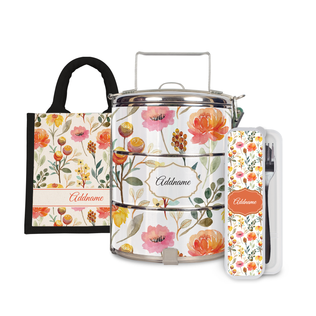 Laura Series - Carnelian Half Lining Lunch Bag, Tiffin Carrier and Cutlery Set