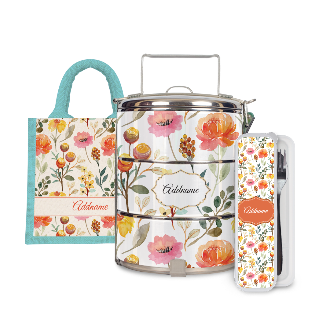 Laura Series - Carnelian Half Lining Lunch Bag, Tiffin Carrier and Cutlery Set