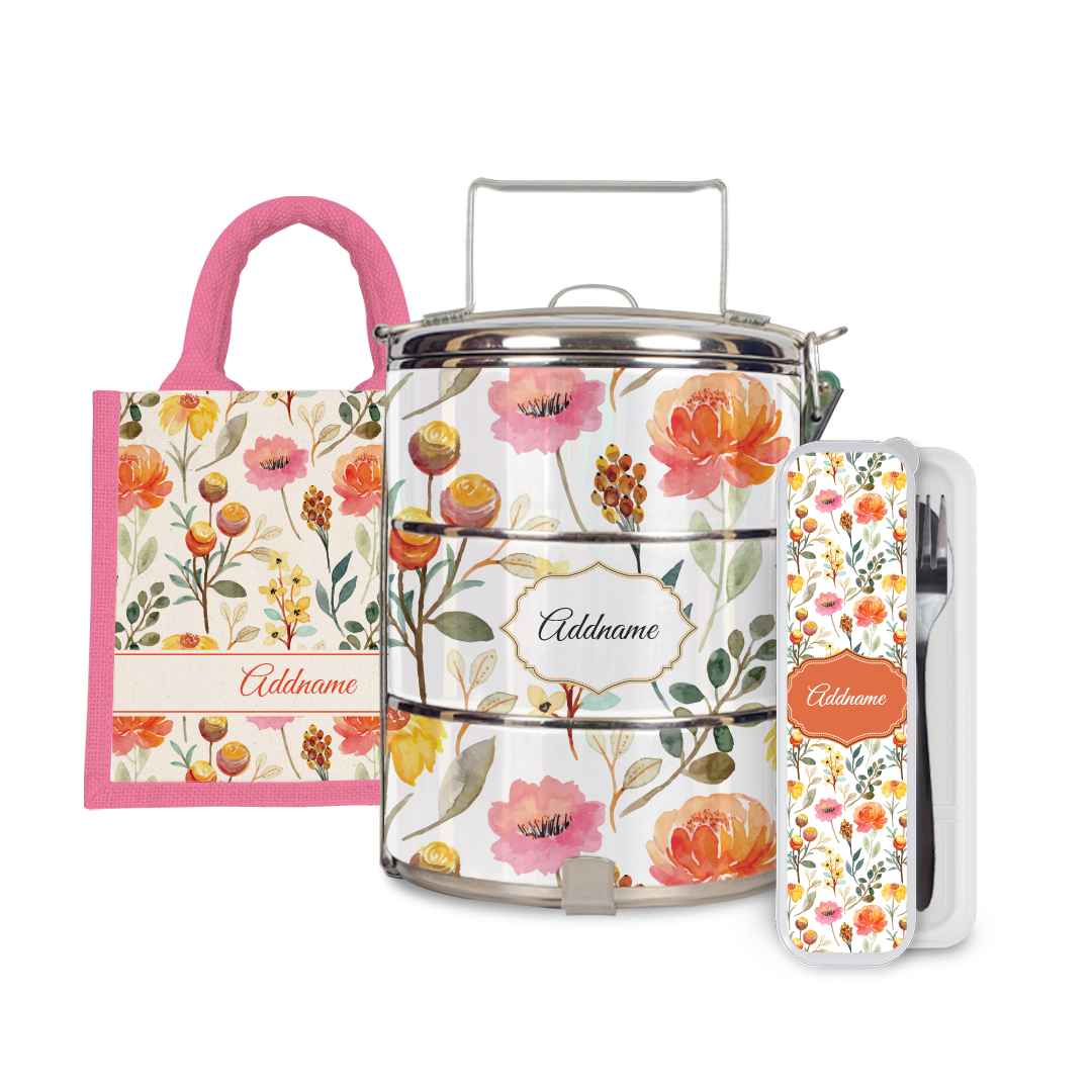 Laura Series - Carnelian Half Lining Lunch Bag, Tiffin Carrier and Cutlery Set