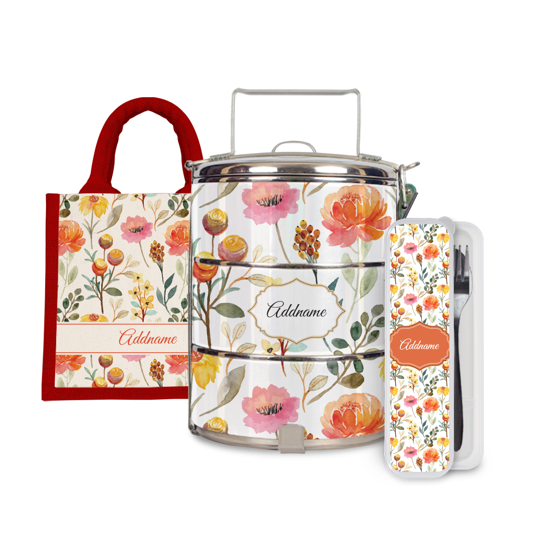 Laura Series - Carnelian Half Lining Lunch Bag, Tiffin Carrier and Cutlery Set
