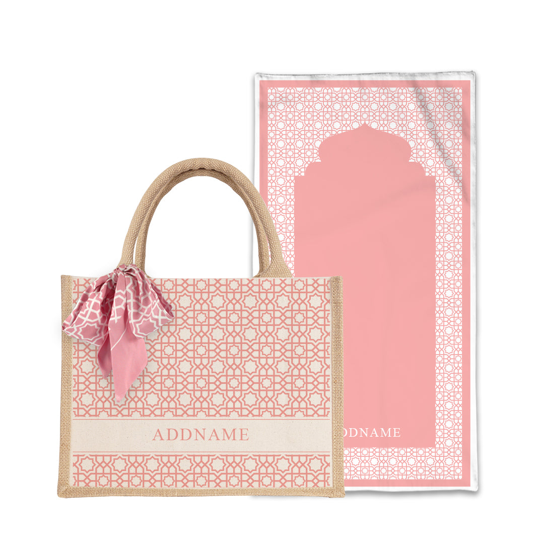 Annas Series - Pastel Peach Prayer Mat with Natural Half Lining Small Jute Bag