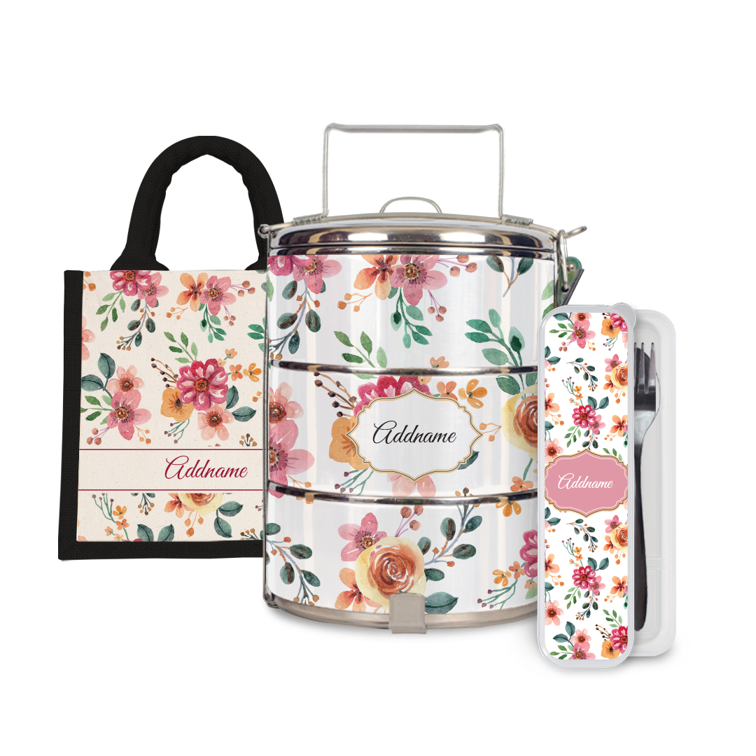 Laura Series - Garnet Half Lining Lunch Bag, Tiffin Carrier and Cutlery Set