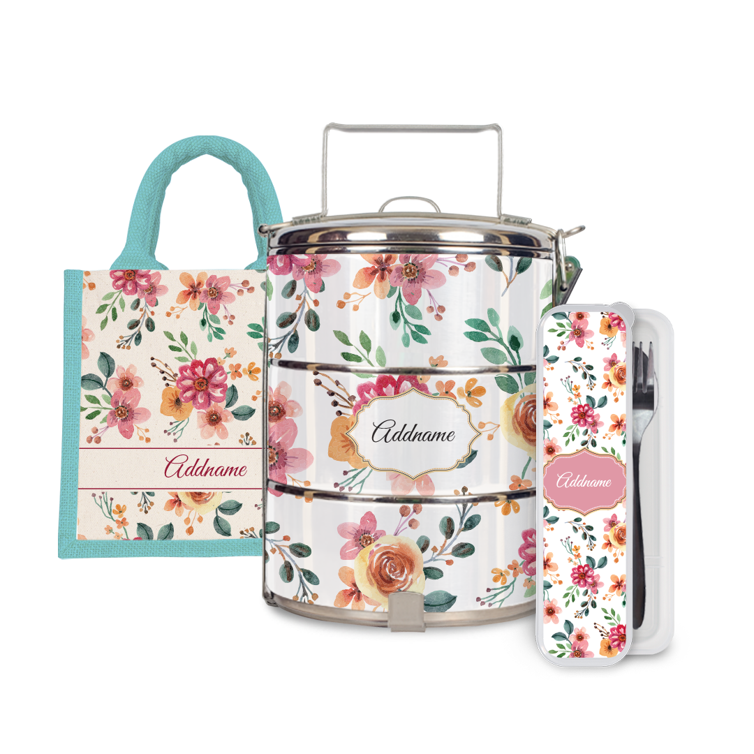 Laura Series - Garnet Half Lining Lunch Bag, Tiffin Carrier and Cutlery Set
